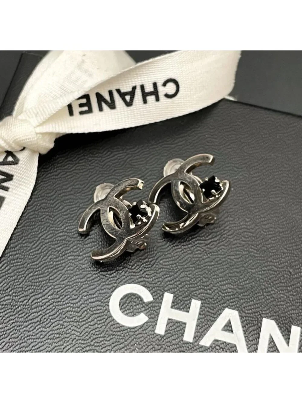 Chanel CC Logo Earrings Icon Silver Black Coco